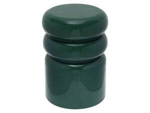 Taburet i glat, skinnende mørkegrøn med cylindrisk form, afrundet top og dekorativ midtersektion.