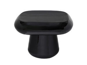 Sort sidebord med skinnende finish, rundet kvadratisk bordplade og cylindrisk base.
