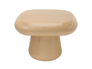 Rundt, glat sidebord med tyk bordplade. Blank, blød brun overflade.