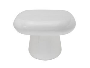 Rundt, hvidt sidebord med glat overflade og cylinderformet base, enkel og moderne stil.