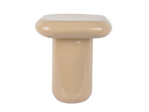 Rundt sidebord med cylindrisk base og skinnende, glat overflade i en blød brun farve.