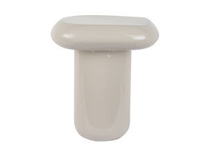 Sidebord i varm grå med glat, afrundet design og blank overflade. Svampeformet top på cylindrisk base.