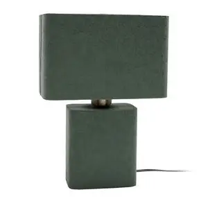 Rektangulær bordlampe i junglegrøn med synlig ledning fra basen.