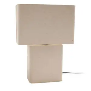 Lampen er varm grå med to stablede rektangler og en synlig strømkabel.