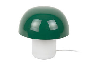 Svampformet bordlampe med grøn kuppel og hvid base. Hvid tænd/sluk-knap på ledning.