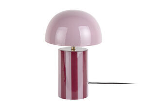 Bordlampe med kuppelformet lavendelskærm og cylindrisk base i mørk mauve med striber.