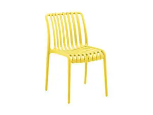 Stol i citrongul med slattedesign, parallelle lister i ryg og sæde, ingen armlæn, lige ben.