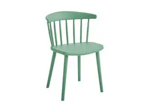 Grøn stol med buet ryg, spinkle rygstænger og enkle ben. Enkel og stilfuld design.