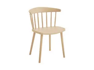 Rundt ryglæn med lodrette lameller, fladt sæde, fire lige ben, i varm grå farve.