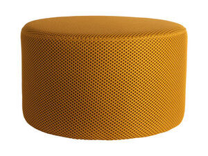 Rund, cylindrisk pouf i lys gul med mesh-mønster, der giver en tekstureret overflade.