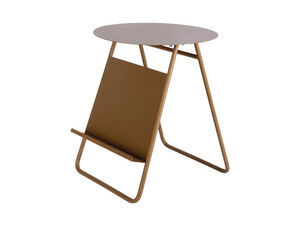 Rund sidebord i mocha brun, geometrisk stel med rette og buede linjer, moderne design.