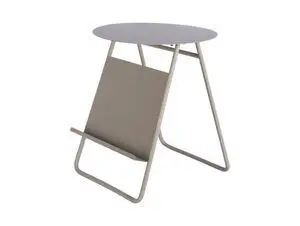 Rundt sidebord i varm grå med triangulært stel og rørformede ben.