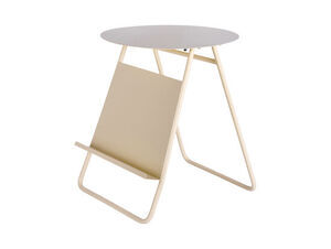 Rundt sidebord i off-white med skrå magasinholder, moderne design.