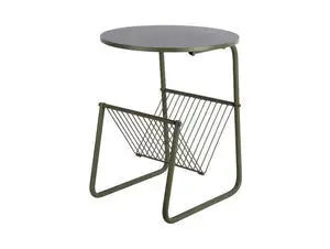 Rundt, grønt sidebord med metalmagasinholder nedenunder, elegant og moderne design.