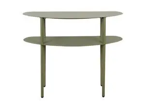 Konsolbord med to ovale niveauer, tre ben, minimalistisk design, dæmpet grøn farve.