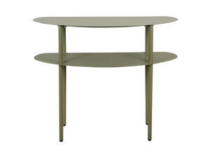 Konsolbord med to ovale niveauer, tre ben, minimalistisk design, dæmpet grøn farve.