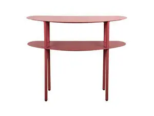 Konsolbord i bordeauxrød med to ovale hylder og fire cylindriske ben.