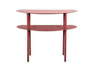 Konsolbord i bordeauxrød med to ovale hylder og fire cylindriske ben.
