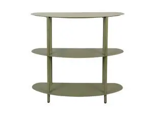 Grønt skab med tre ovale hylder og lodrette stænger, enkel og moderne stil.