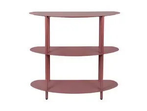 Burgunderrød skab med tre afrundede, aflange hylder, minimalistisk og moderne design.