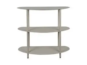 Ovalt kabinet i varm grå med tre hylder, støttet af lodrette stænger og afrundede kanter.