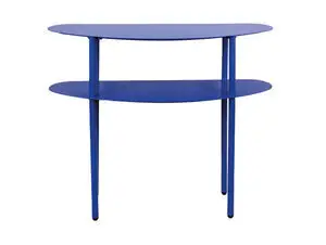 Konsolbord i koboltblå med to ovale hylder og fire slanke ben. Retro-inspireret design.