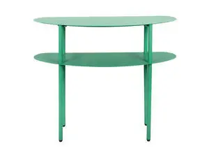 Konsolbord i retro grøn med to ovale hylder og fire ben. Minimalistisk og stilfuldt design.