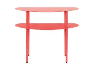 Konsolbord i lys skarlagenrød med to ovale hylder og fire slanke ben.