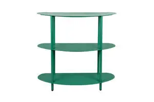 Retrogrønt skab med tre ovale hylder og lodrette stænger.