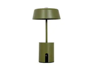 Grøn bordlampe med cylindrisk base og skærm, minimalistisk design.