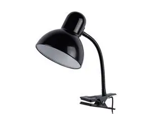 Sort retro clip-on lampe med rund skærm, fleksibel hals og klips til fastgørelse.