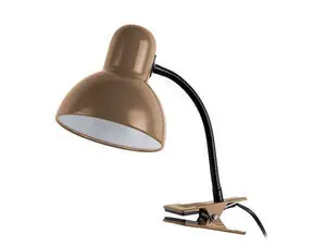 Mocha brun clip-on lampe med kuppelformet skærm, fleksibel hals og klips til fastgørelse på overflader.
