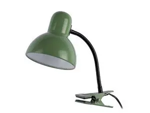 Grøn clip-on lampe med retro design, fleksibel sort hals og klemmesokkel.