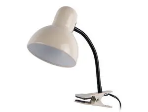 Clip-on lampe med off-white kuppelskærm, fleksibel sort hals og metalclips til fastgørelse.