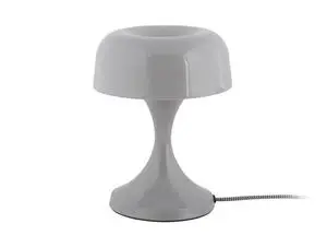 Retro bordlampe i musegrå med buet design og synlig elektrisk ledning.