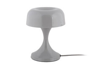 Retro bordlampe i musegrå med buet design og synlig elektrisk ledning.