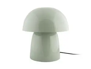 Bordlampe med svampeformet design i grågrøn farve, kuppelformet top, cylindrisk base, synlig ledning.
