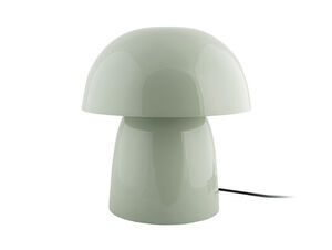 Bordlampe med svampeformet design i grågrøn farve, kuppelformet top, cylindrisk base, synlig ledning.
