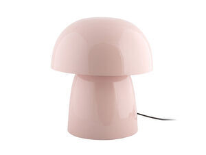 Svampeformet bordlampe i blød lyserød med rund top, cylindrisk bund og synligt strømkabel.