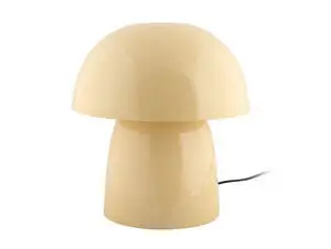 Bordlampe i svampeform med kuppelformet top, cylindrisk bund, blød gul farve, glat, skinnende.