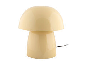 Bordlampe i svampeform med kuppelformet top, cylindrisk bund, blød gul farve, glat, skinnende.