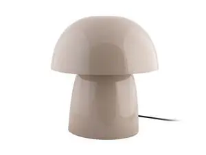 Bordlampe i svampeform, varm grå med blank finish. Strømkabel synligt fra basen.