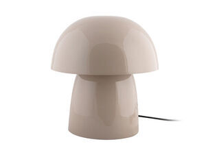 Bordlampe i svampeform, varm grå med blank finish. Strømkabel synligt fra basen.