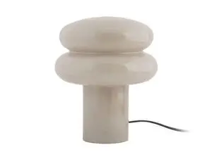 Bordlampe med dobbelt ringtop, varm grå farve og cylindrisk base. Elegant og moderne design.