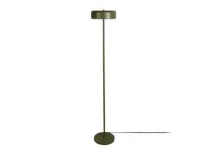 Gulvlampe med rund base, slank stander og flad, skiveformet skærm i luksuriøs grøn farve.