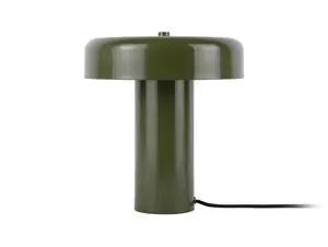 Bordlampe med cylindrisk base og bred, flad skærm i ensartet grøn farve.