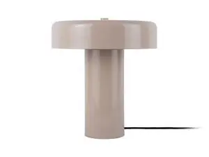 Bordlampe med cylindrisk base og bred, flad skærm i varm grå.