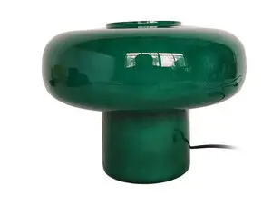 Bordlampe med blank grøn overflade, rund svampeformet top, cylindrisk base og elektrisk ledning.