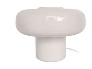 Hvid bordlampe med rund top og cylindrisk base. Glat, skinnende overflade og synlig ledning.