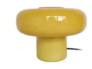 Citrongul bordlampe med svampelignende form, bred rund top og cylindrisk fod.